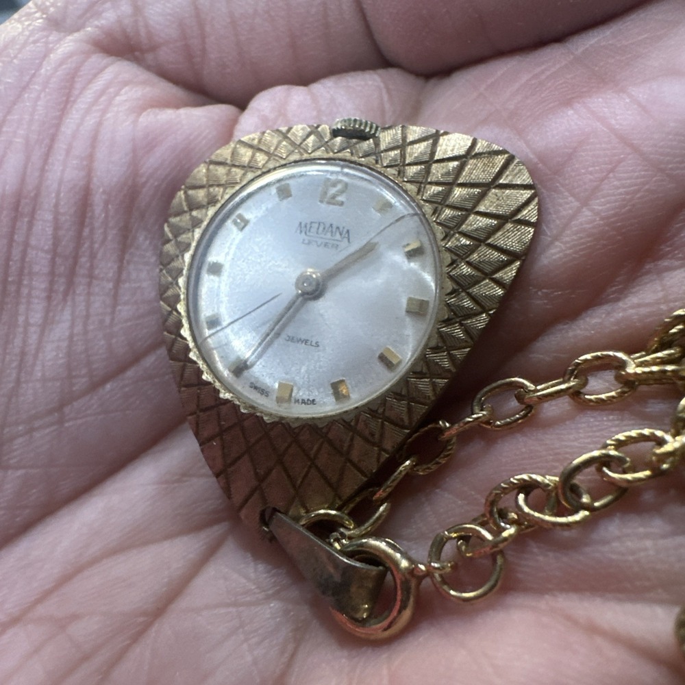 Working Vintage Medana Lever Gold Tone Mechanical Manual Wind Pendant Watch Runs